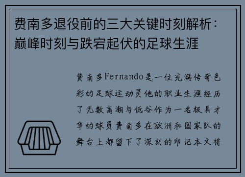 费南多退役前的三大关键时刻解析：巅峰时刻与跌宕起伏的足球生涯