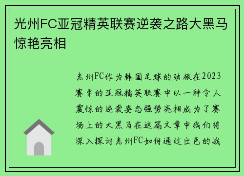 光州FC亚冠精英联赛逆袭之路大黑马惊艳亮相