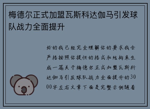 梅德尔正式加盟瓦斯科达伽马引发球队战力全面提升