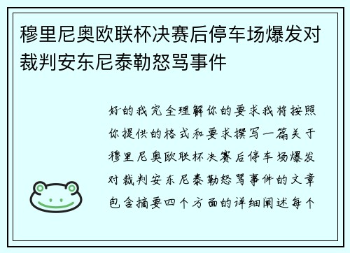 穆里尼奥欧联杯决赛后停车场爆发对裁判安东尼泰勒怒骂事件